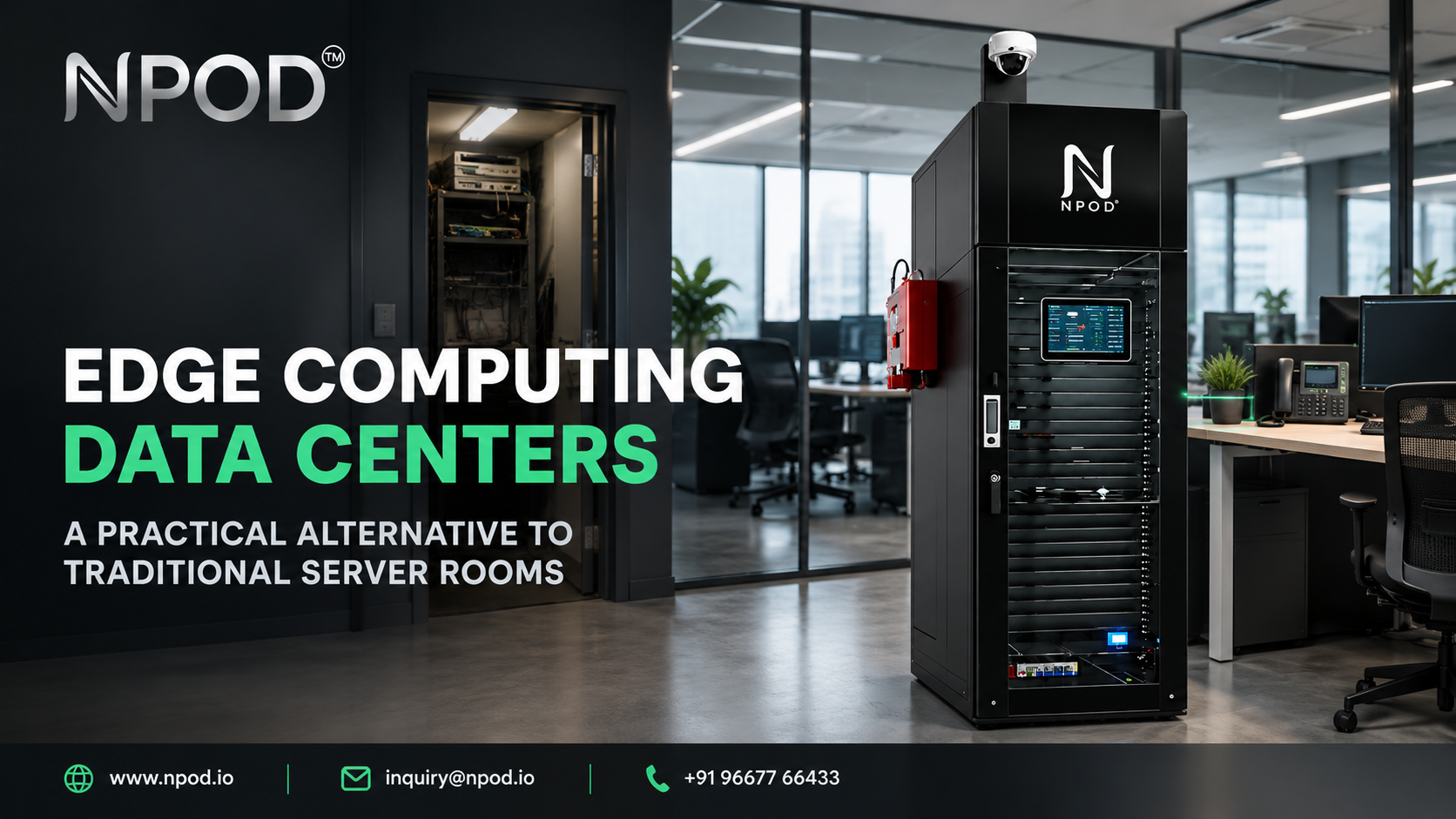 NPOD edge computing data center offering a space-saving alternative to traditional server rooms for businesses with multiple branches.