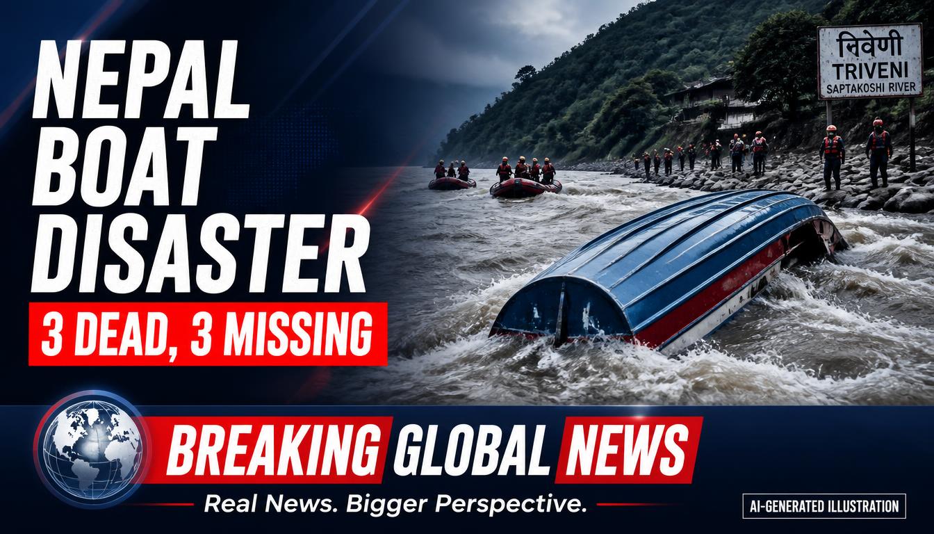 AI-generated editorial illustration showing a passenger motorboat overturned in the Saptakoshi River near Triveni, eastern Nepal, with rescue personnel searching the water. This is an illustration, not an actual photograph of the accident.