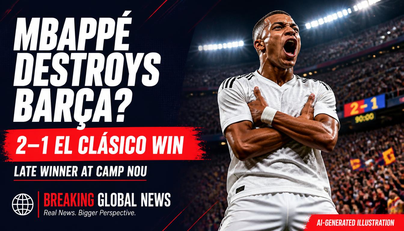 AI-generated illustration of Kylian Mbappé celebrating after Real Madrid’s 2–1 El Clásico victory over Barcelona.