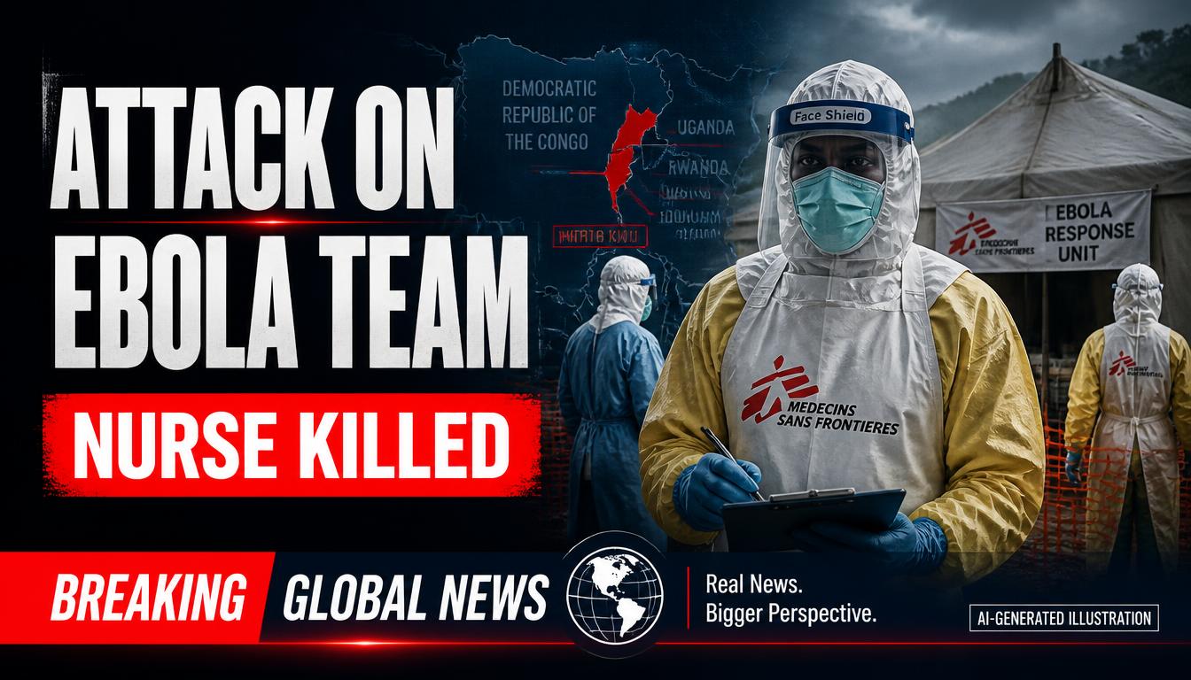 AI-generated editorial illustration of healthcare workers at an Ebola response site in eastern Congo following an attack on responde
