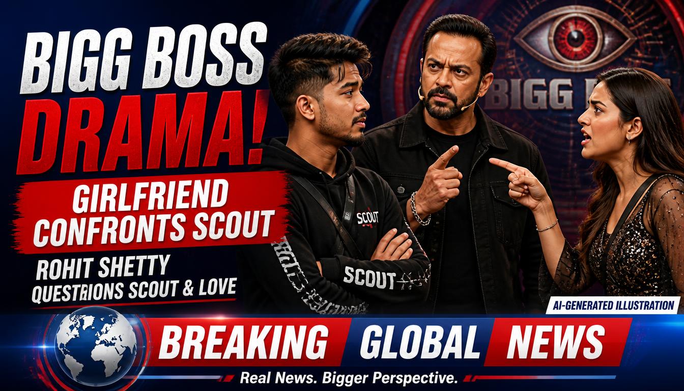 AI-generated illustration depicting the Bigg Boss 20 controversy involving ScoutOP, Love Gill and Kaashvi Hiranandani.