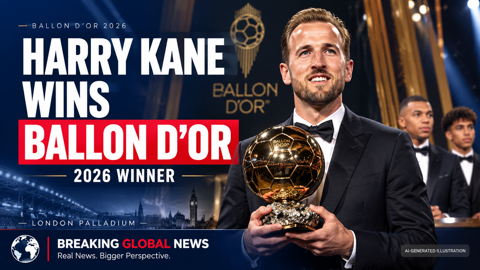 Harry Kane holding the 2026 Men’s Ballon d’Or trophy at the ceremony in London.