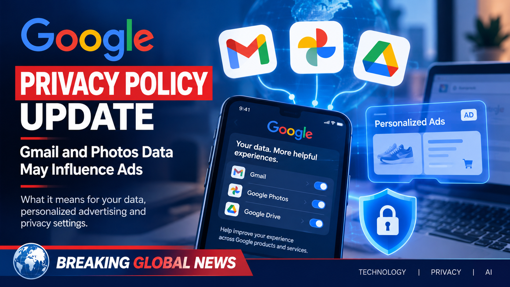 Illustration of Google services, email, photos and digital privacy.