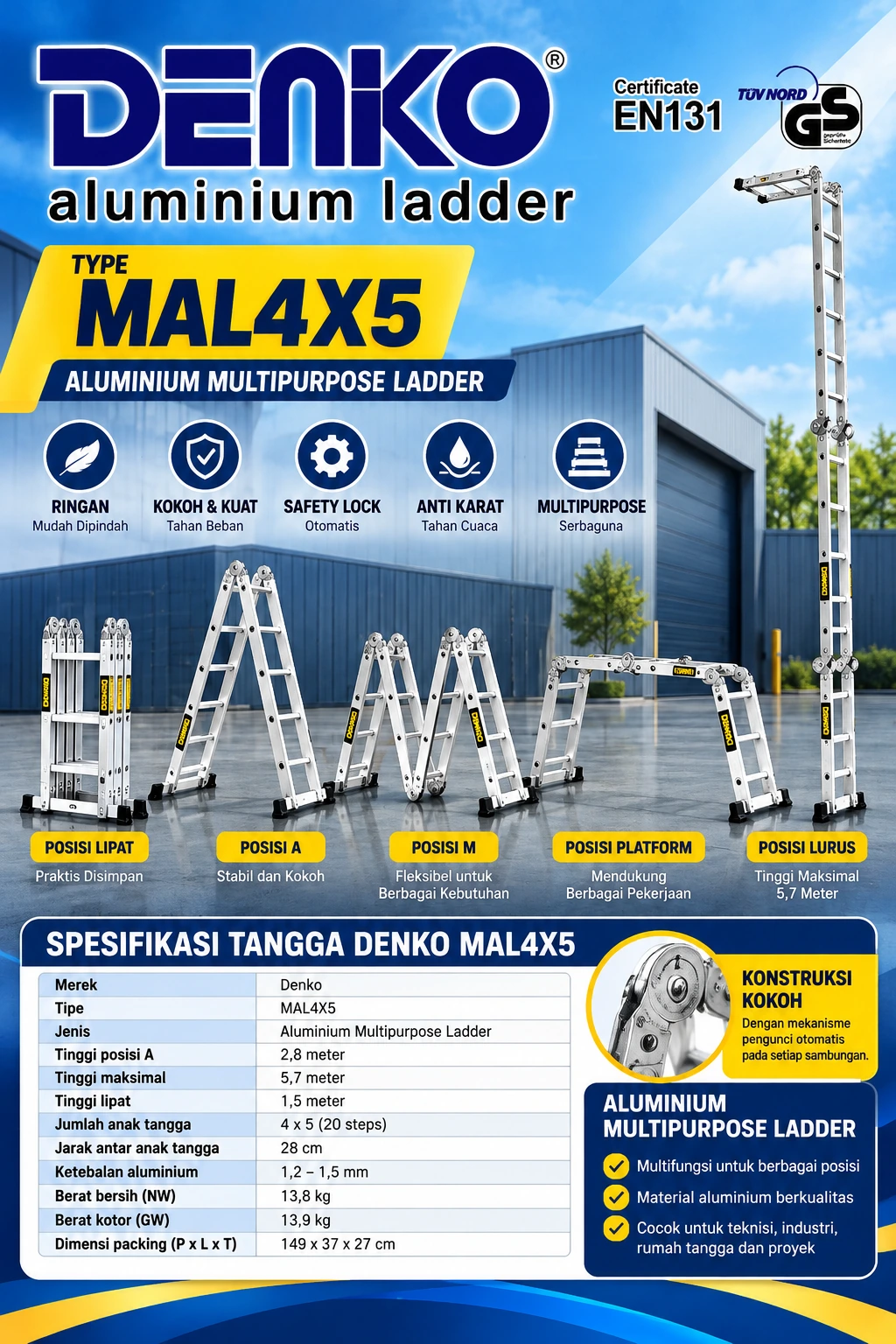 Tangga Lipat Aluminium Multipurpose Denko MAL4X5 tinggi maksimal 5,7 meter