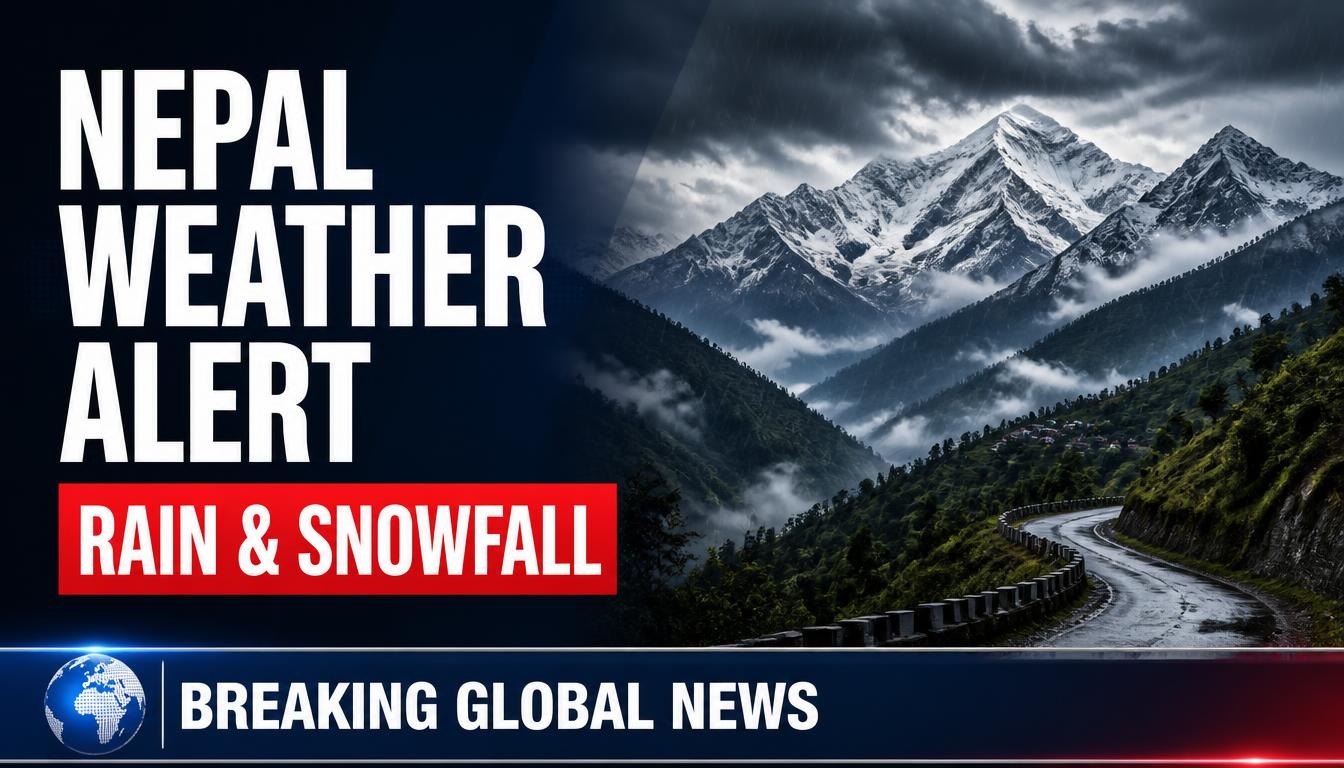 Dark storm clouds over Nepal's Himalayan mountains, with rain and fresh snow illustrating the weather warning for October 29 to 31, 2026.