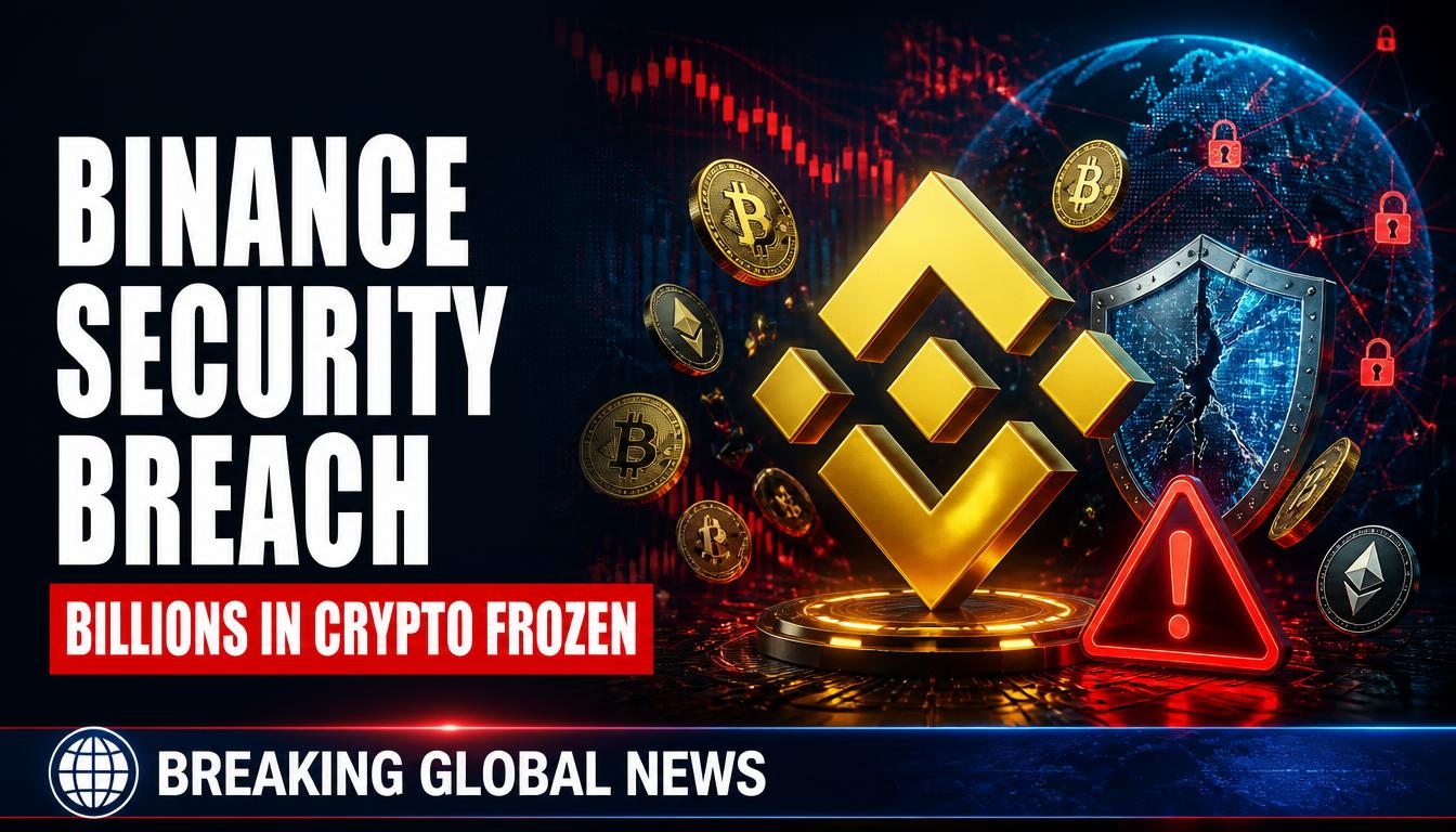 Binance cryptocurrency exchange logo displayed on a smartphone alongside digital cryptocurrency graphics, illustrating a major reported security incident.