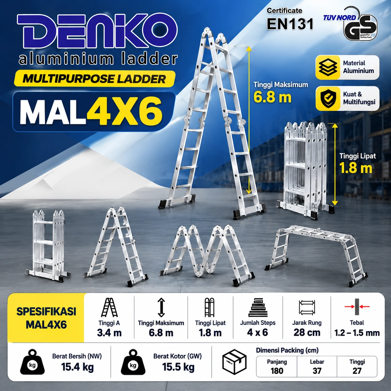 Tangga Lipat Aluminium Multipurpose Denko MAL4X6 tinggi maksimum 6,8 meter