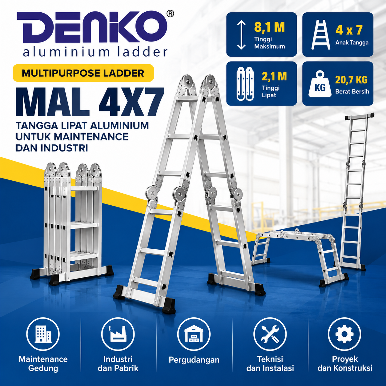 Tangga Lipat Aluminium Denko MAL4X7 untuk maintenance dan industri