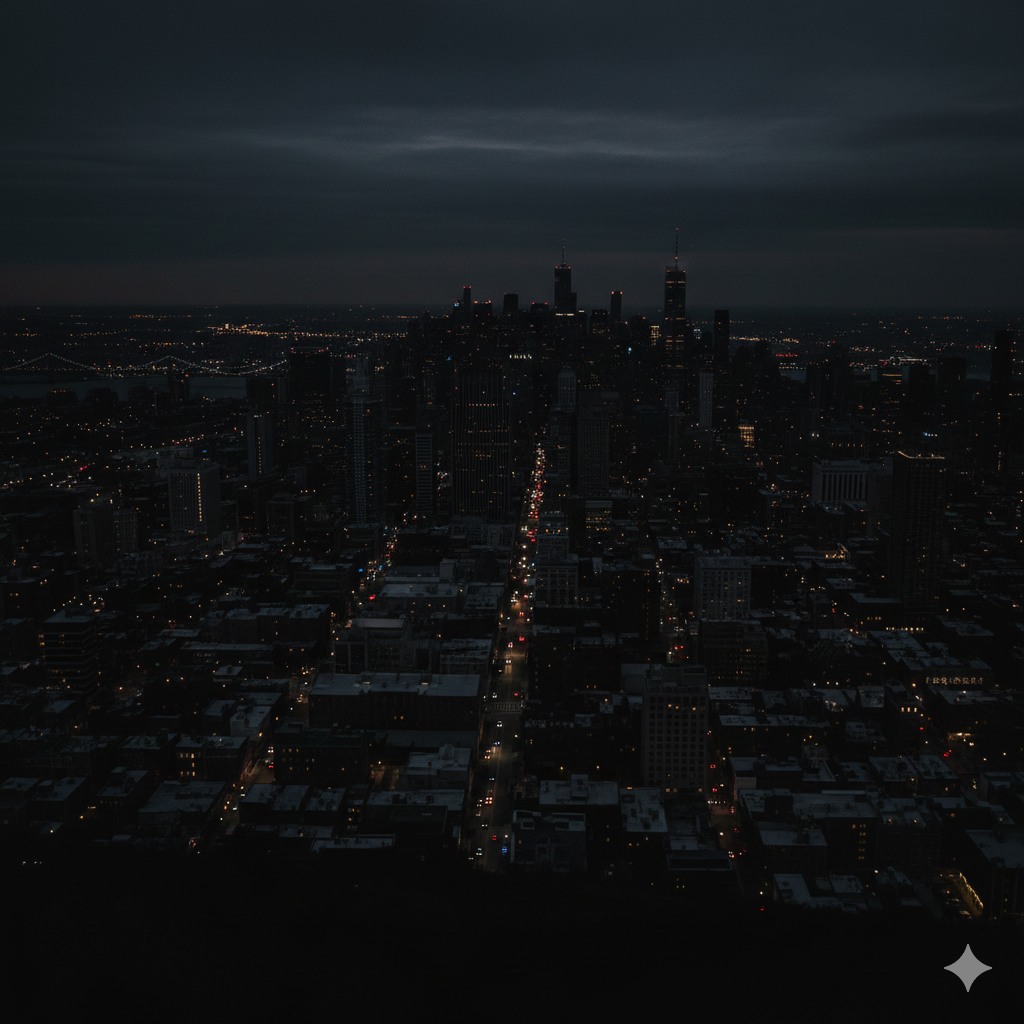 Photo of a darkened city skyline during a power outage caused by a cyber attack.