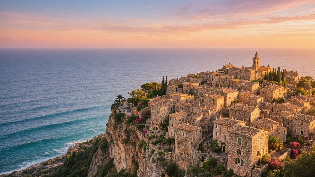 Èze hilltop village perched on Mediterranean cliff with stone pathways, exotic gardens, and panoramic sea views at golden hour