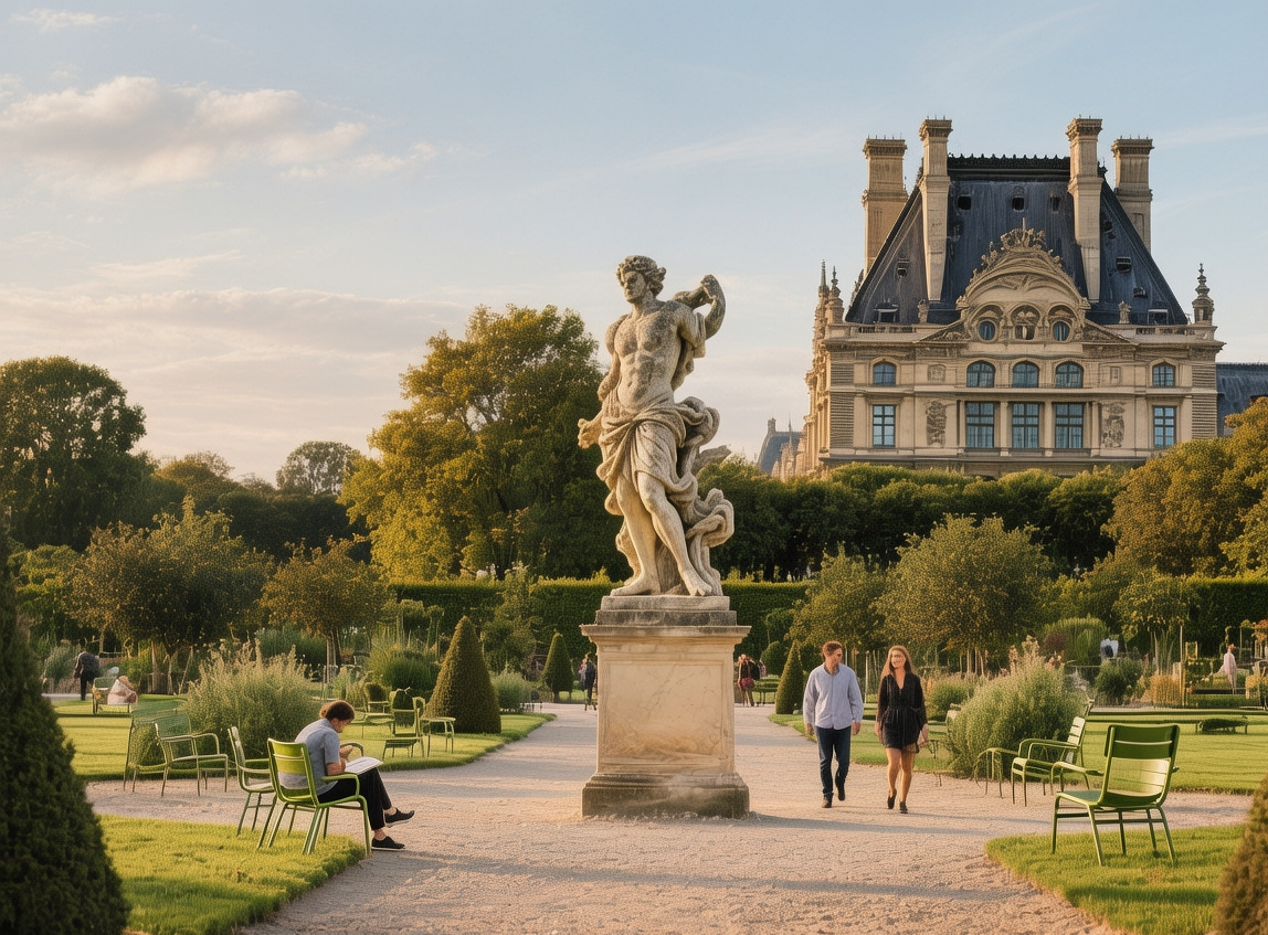 Tuileries Garden Paris with symmetrical pathways, green chairs, and Louvre pyramid in background under soft morning light