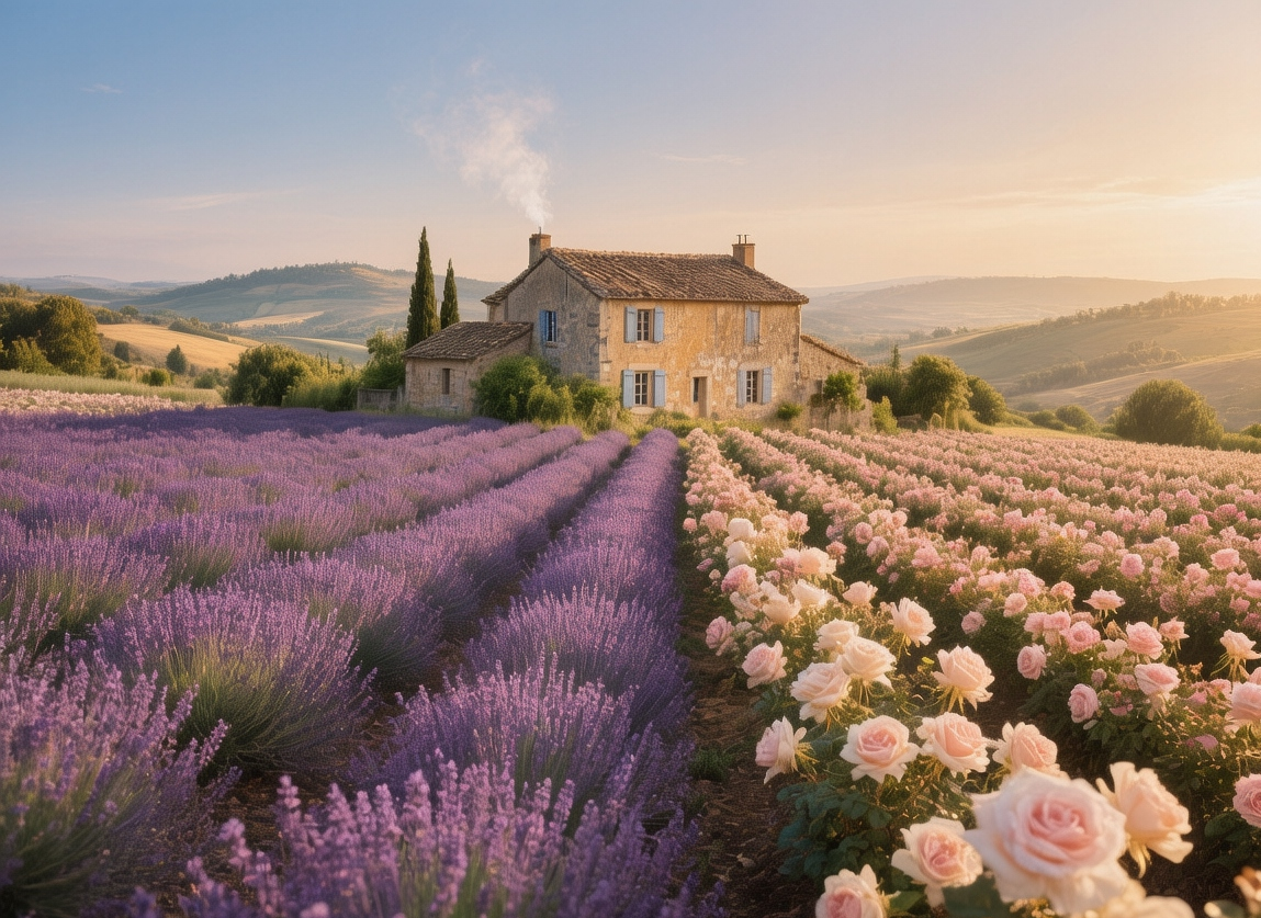 Grasse perfume fields with rows of fragrant jasmine and rose blossoms under Provencal morning light