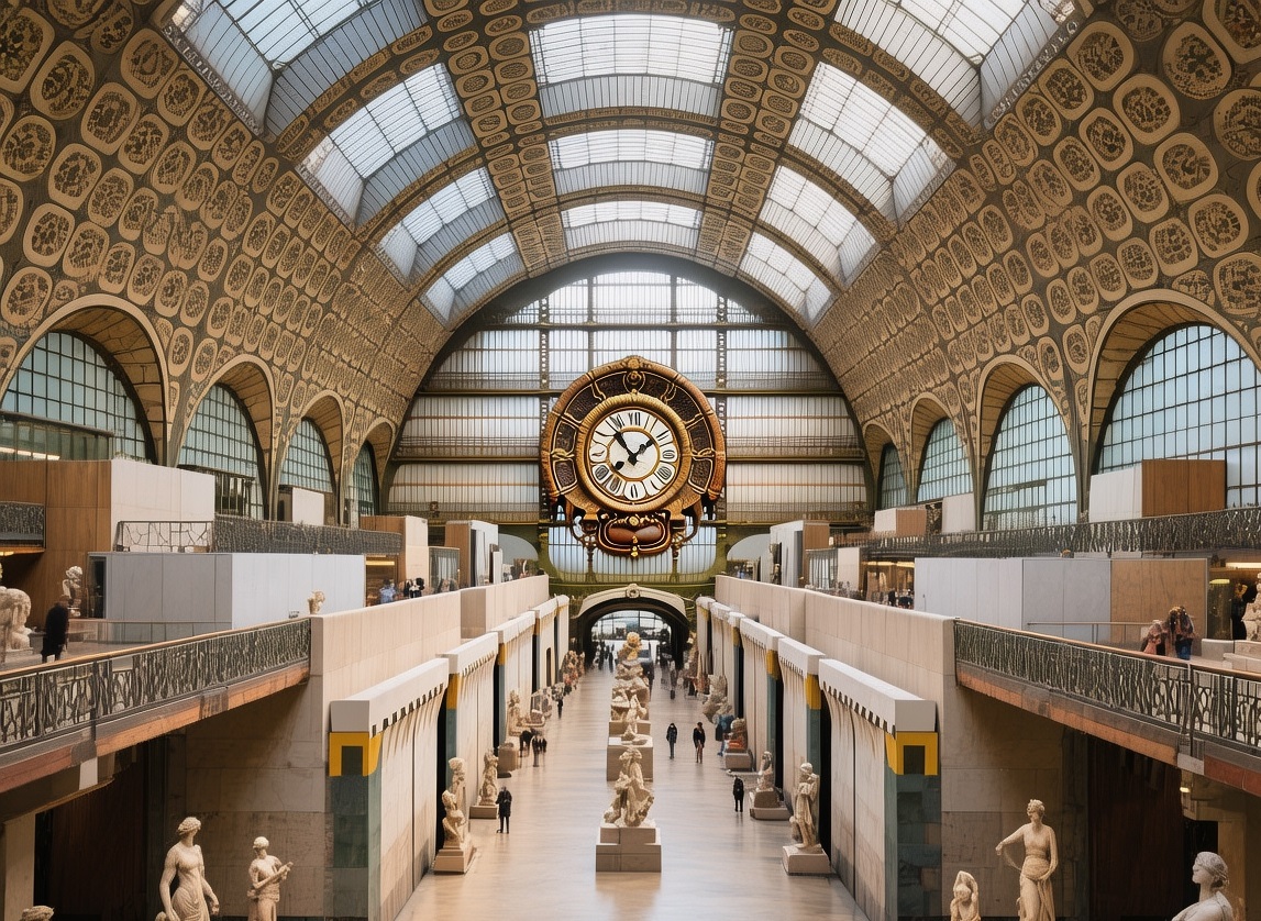 Musée d'Orsay Paris with Impressionist masterpieces displayed beneath the grand clock face overlooking the Seine River
