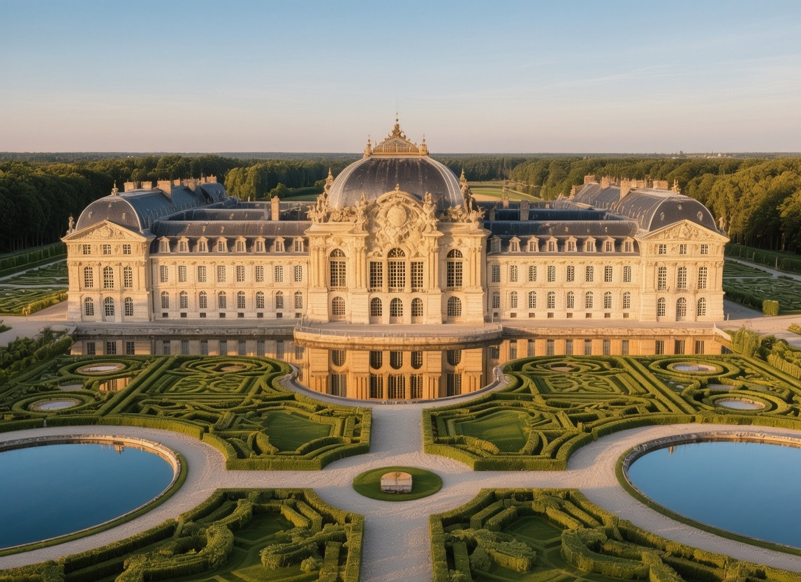 Château de Vaux-le-Vicomte Baroque architecture with symmetrical gardens and grand canal under golden afternoon light