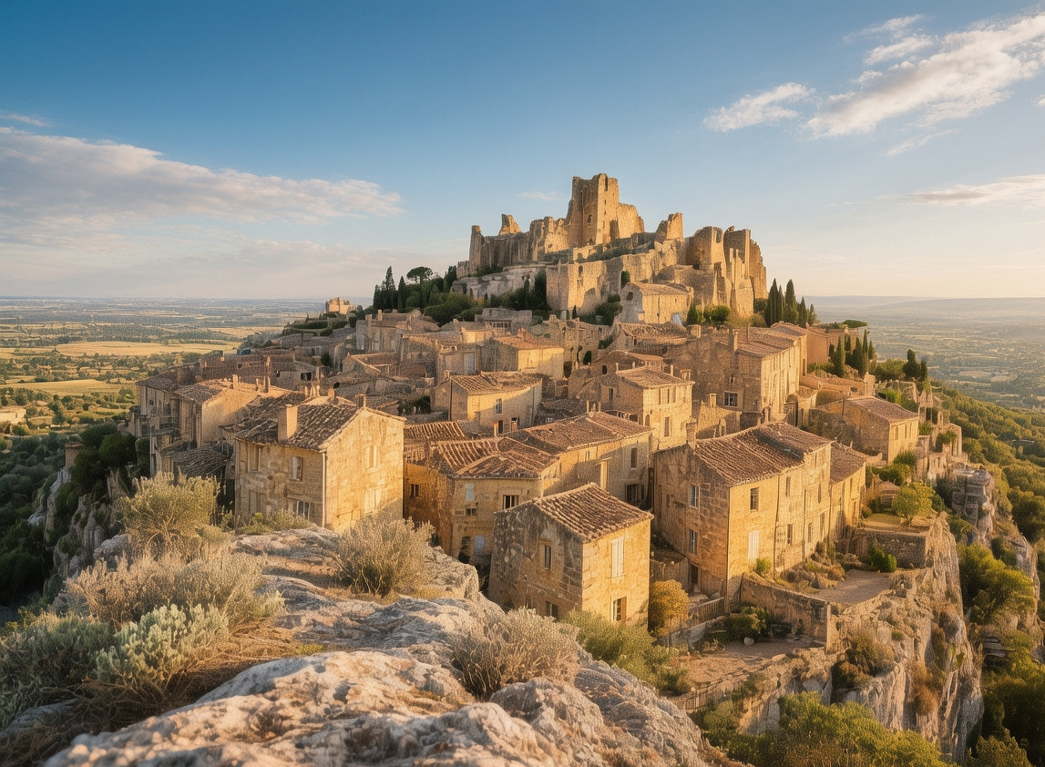 Les Baux-de-Provence medieval village perched on limestone outcrop with panoramic views of Provence olive groves and Alpilles mountains