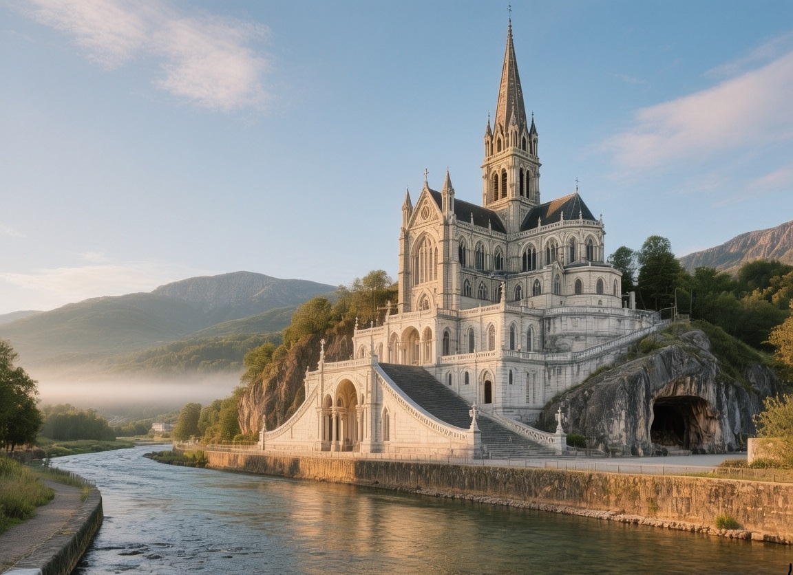 Sanctuary of Our Lady of Lourdes illuminated at dusk with Rosary Basilica and candlelit processions along the Gave de Pau river