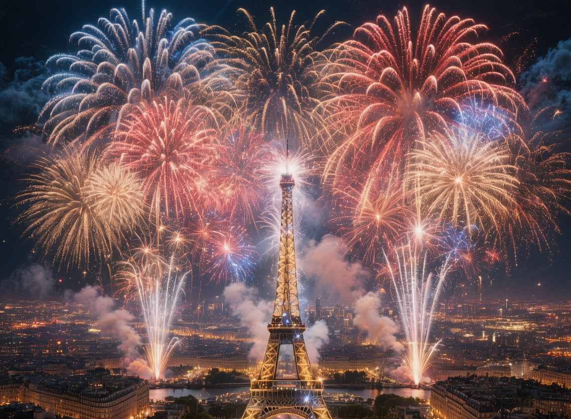 Bastille Day fireworks Paris illuminating the Eiffel Tower against night sky with golden sparks and reflections on Trocadéro
