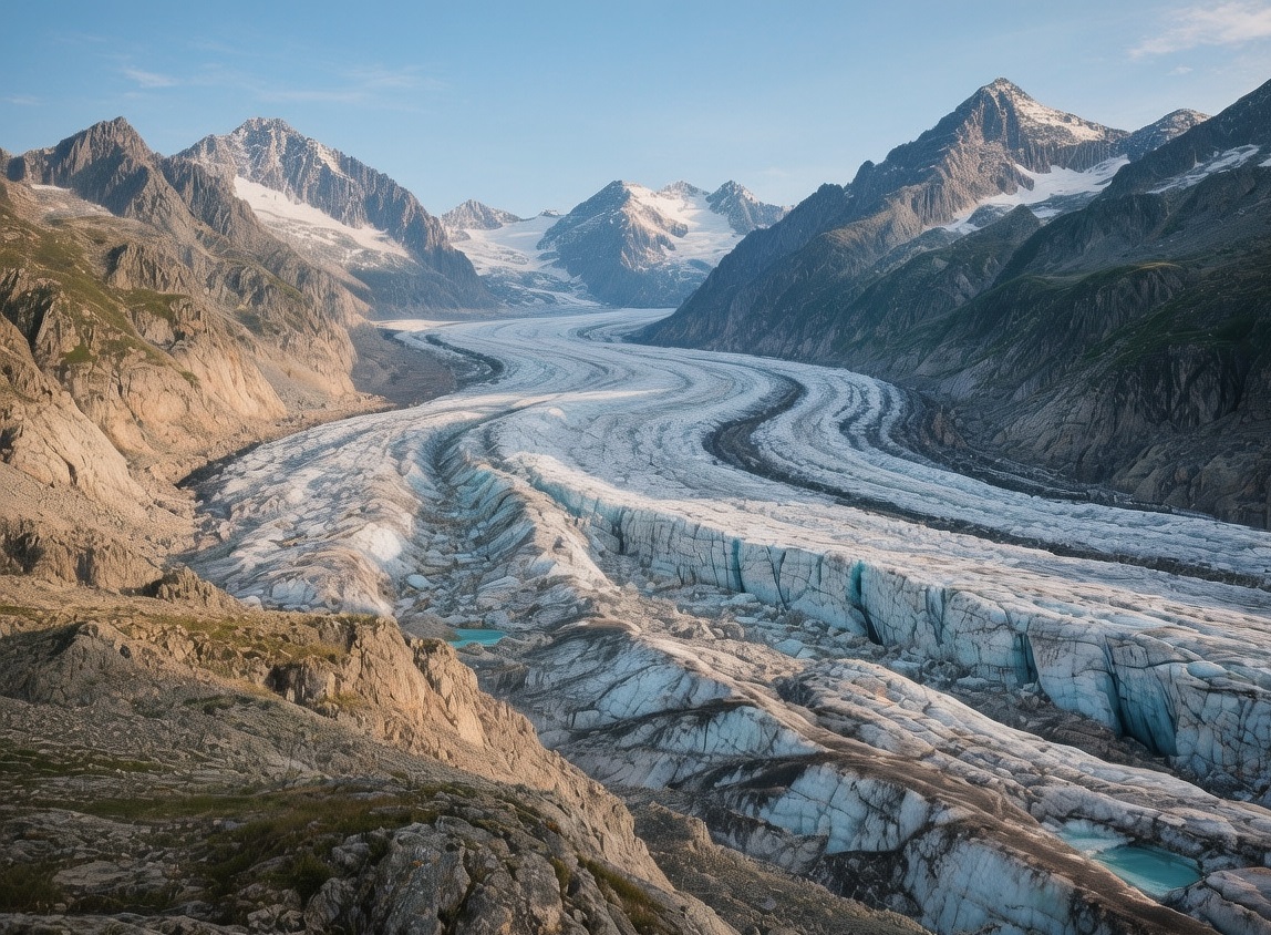 Mer de Glace glacier with deep blue crevasses and ice formations under morning light in the Mont Blanc massif