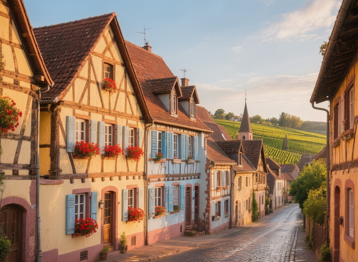 Alsace Wine Route villages with half-timbered houses, flower-filled balconies, and vineyard-covered slopes under soft morning light
