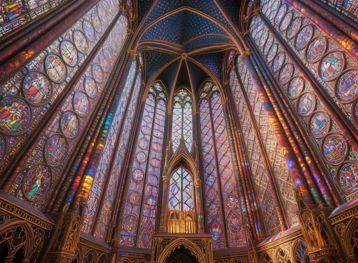 Sainte-Chapelle stained glass windows glowing with jewel-toned light in the upper chapel of Parisian Gothic masterpiece