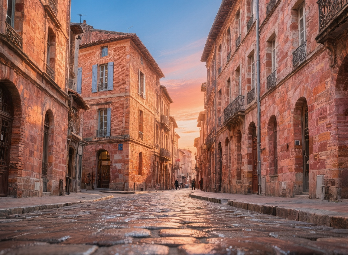 Toulouse pink city with terracotta brick buildings, arcaded streets, and Garonne River under soft southern light