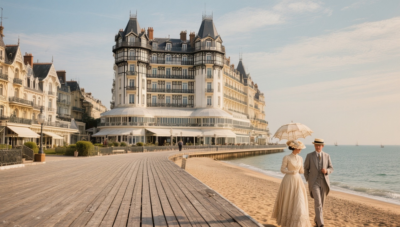 Golden hour on the Grand Plage of Cabourg, France, with its iconic Belle Époque casino and promenade lined with elegant wrought-iron lampposts and blooming flowerbeds