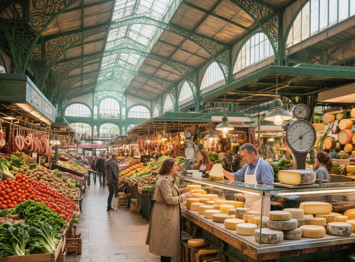 Narbonne market halls with vibrant produce stalls, hanging hams, fresh seafood, and locals sharing wine at communal tables