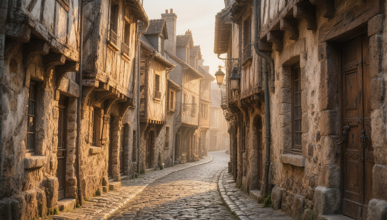 Golden hour on the medieval cobbled streets of Senlis, France, with half-timbered houses leaning over narrow lanes and the Gothic cathedral spire piercing a soft blue sky