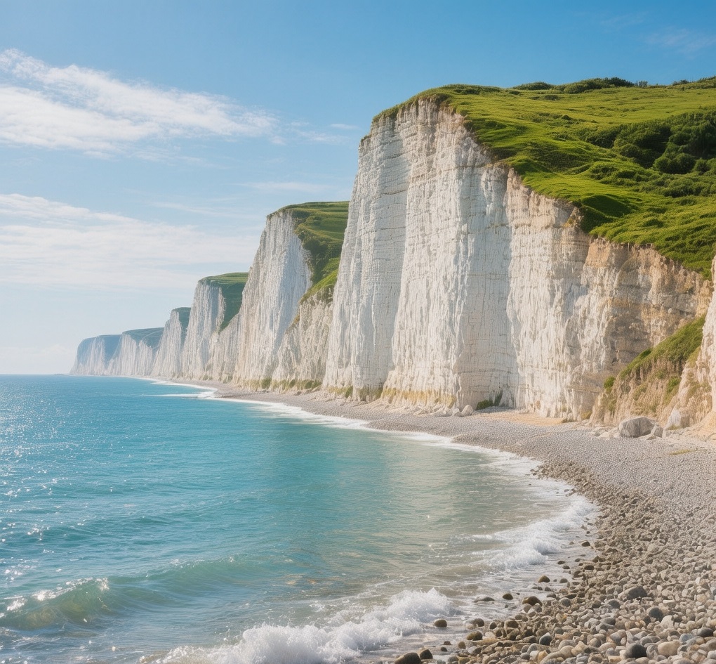 Golden hour light on the towering white chalk cliffs of Dieppe, France, with the English Channel crashing below and a lone walker on the coastal path