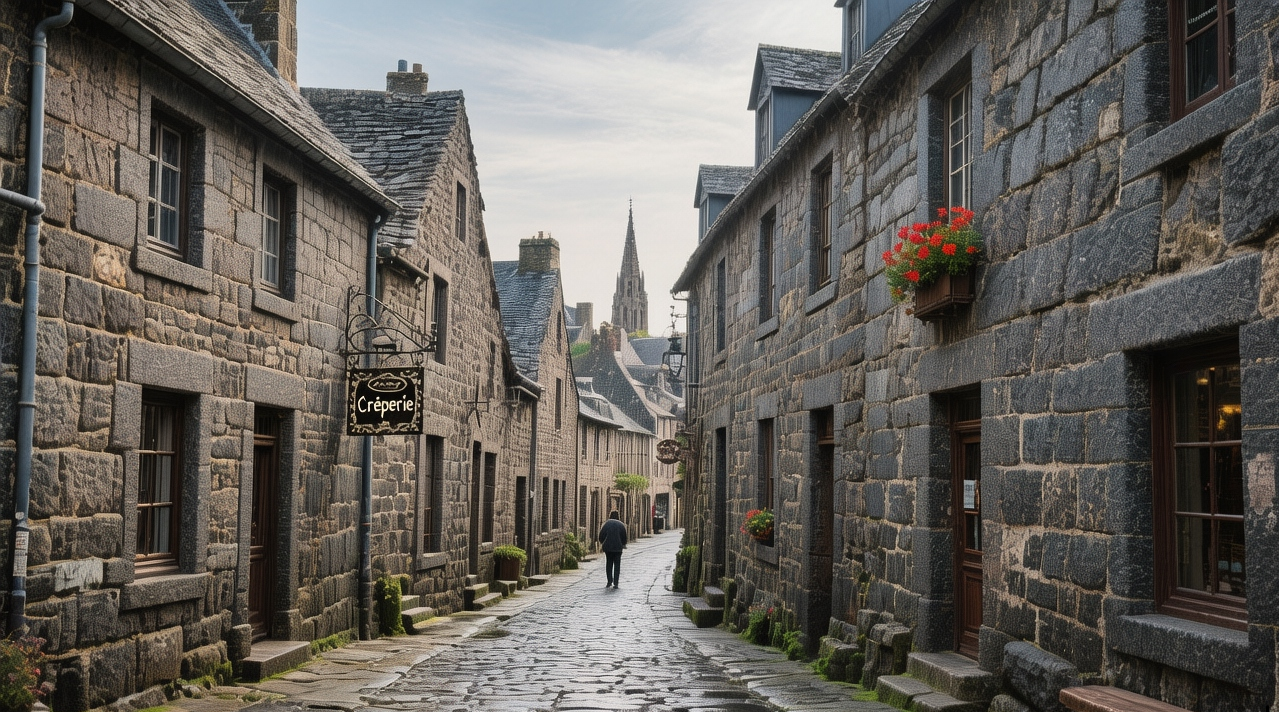 Locronan stone village with granite houses, cobblestone streets, and church spire under soft Breton morning light in Brittany, France