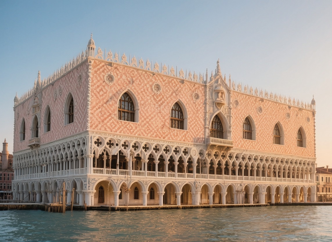 Doge's Palace in Venice at golden hour, with its pink-and-white marble façade glowing in soft light and the lagoon reflecting its Gothic arches
