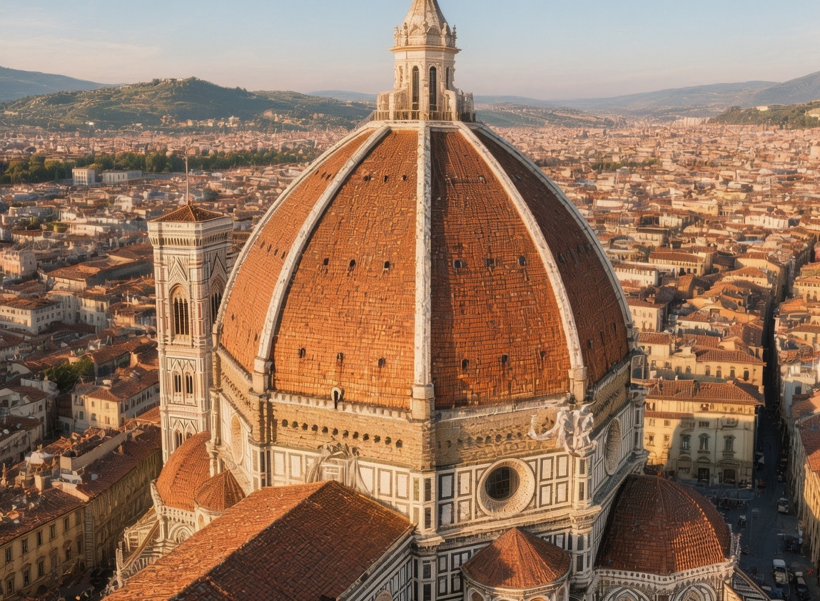 Florence Duomo - Brunelleschi's dome at golden hour, its red-tiled cupola rising above a sea of terracotta rooftops in the historic center