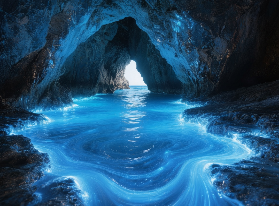Capri island - Blue Grotto at midday, electric blue waters glowing beneath a limestone sea cave entrance with a small rowboat