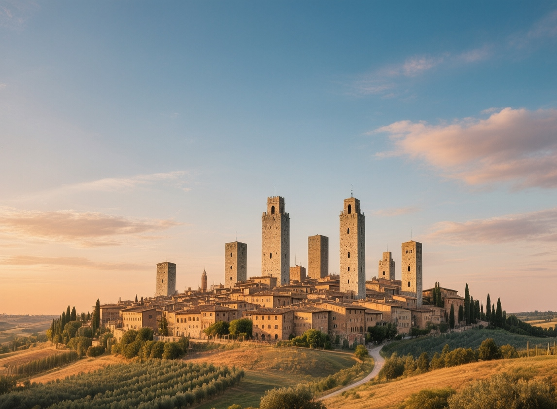 San Gimignano towers at golden hour, medieval stone towers rising above terracotta rooftops against a Tuscan sunset sky