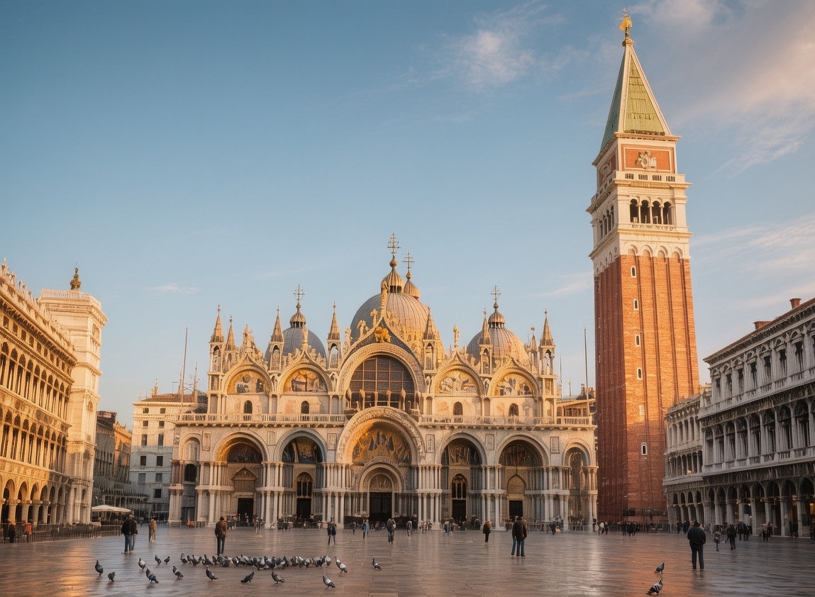 St. Mark's Square in Venice at sunrise, with the golden façade of St. Mark's Basilica glowing in soft light and the Campanile casting a long shadow over the empty cobblestones