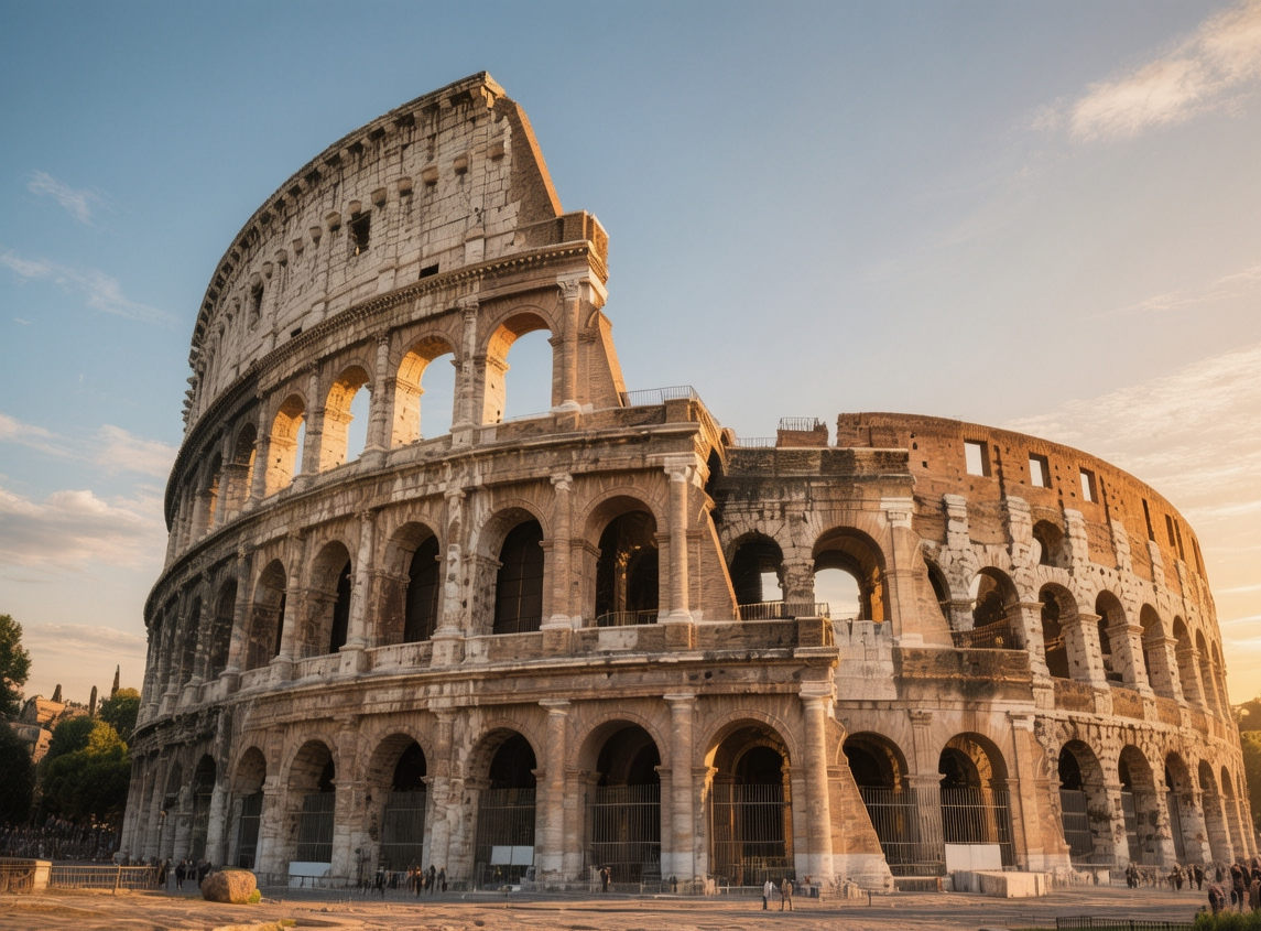The Colosseum in Rome at golden hour, its ancient travertine arches glowing in the warm light with the modern city skyline in the background