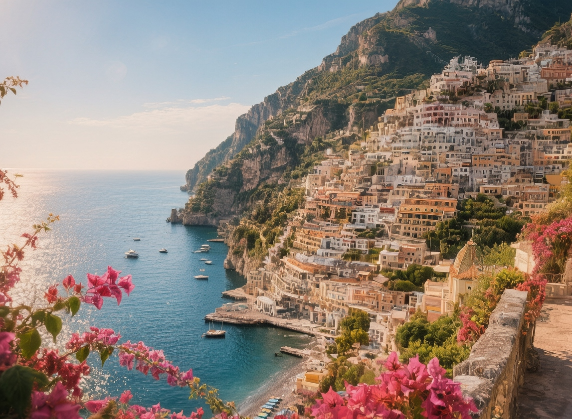 Amalfi Coast - Positano and Ravello at golden hour, pastel villas cascading down cliffs to the Tyrrhenian Sea with terraced gardens
