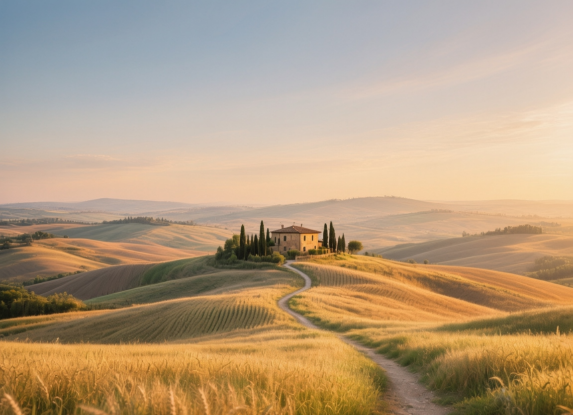 Val d'Orcia - Tuscan hills at golden hour, cypress-lined roads winding through golden wheat fields with rolling hills in soft focus