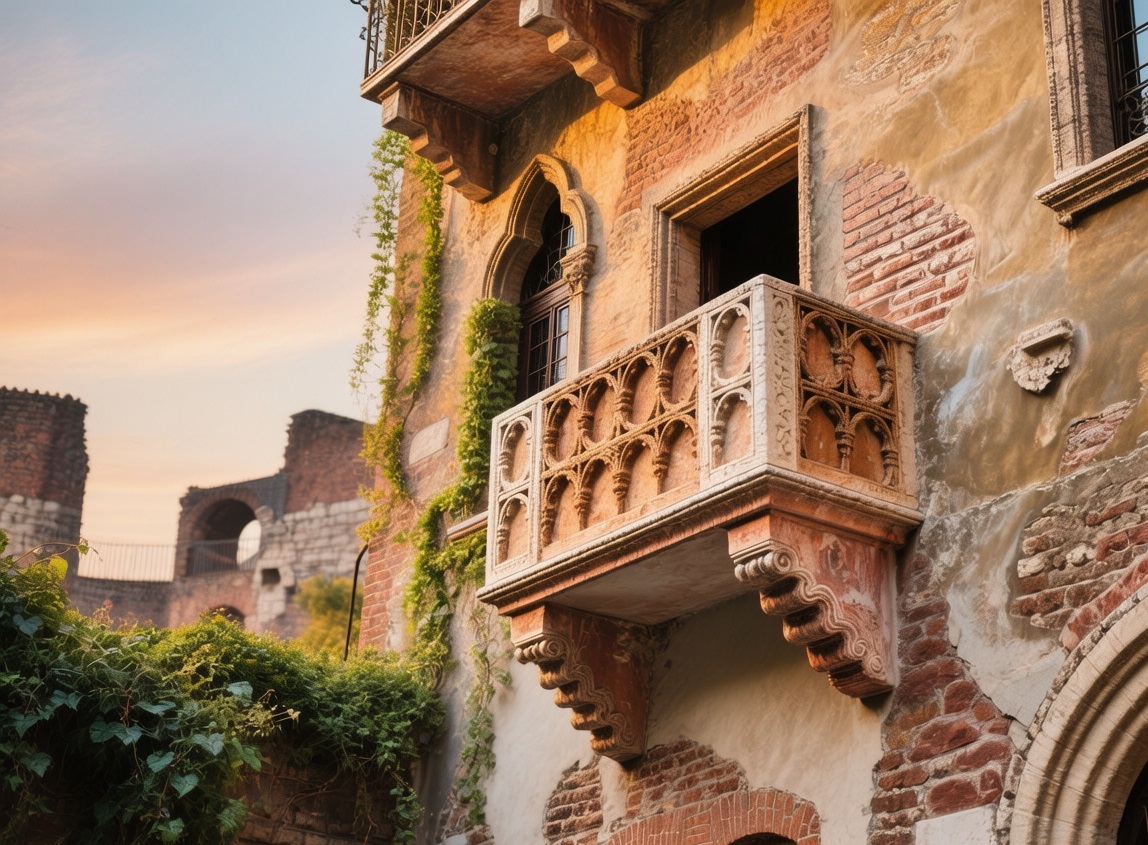 Verona - Juliet's balcony and Roman Arena at golden hour, terracotta rooftops glowing under soft evening light