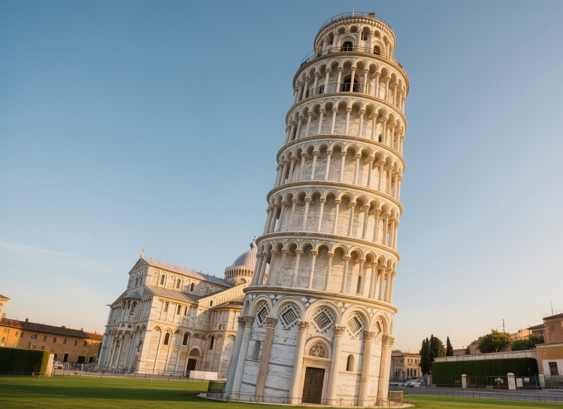 Pisa Leaning Tower at golden hour, marble cylinder tilting against a clear Tuscan sky with the Arno River in the distance