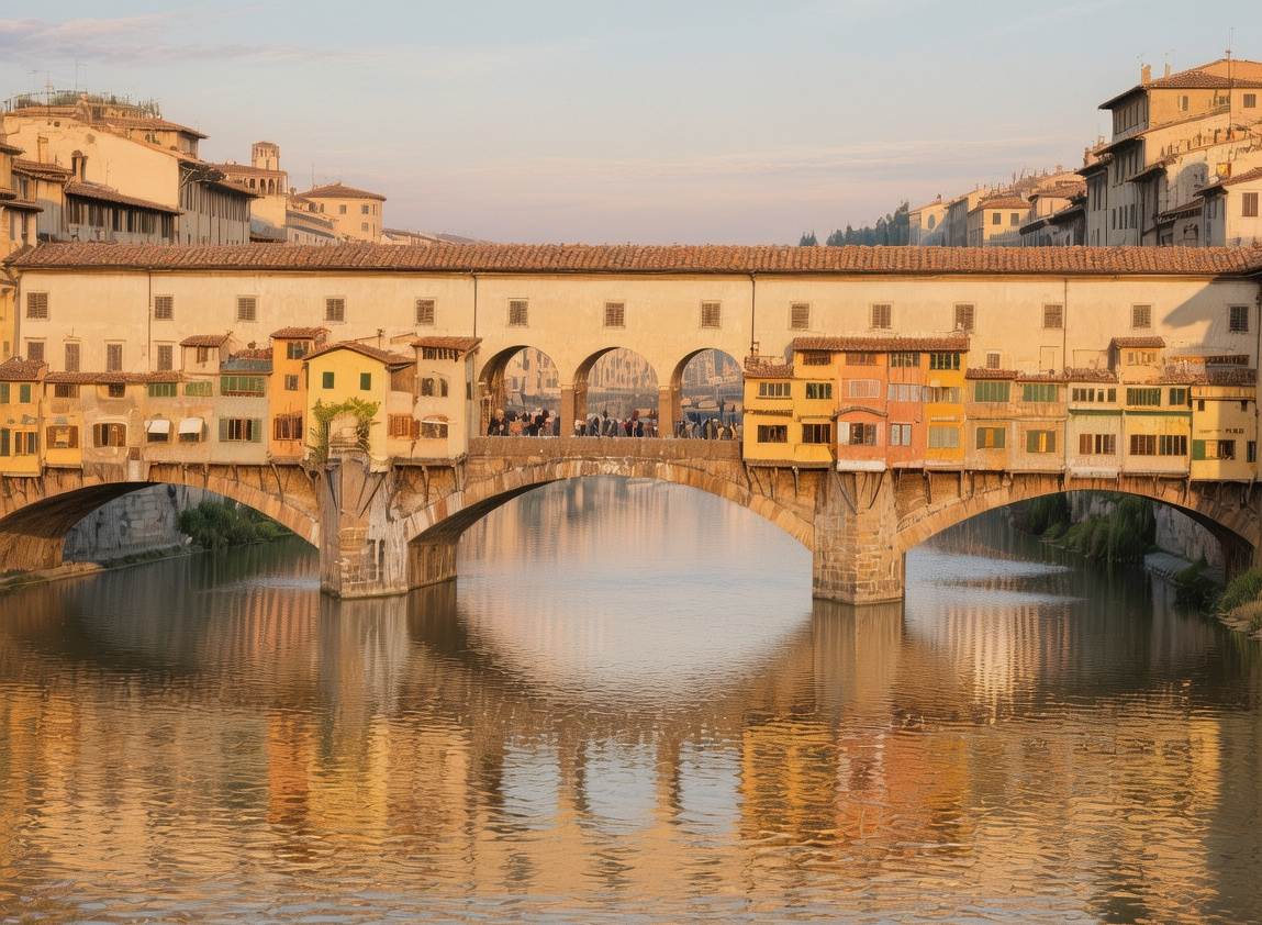 Ponte Vecchio, Florence at sunset, golden light reflecting on the Arno River with jewelry shops lining the medieval bridge