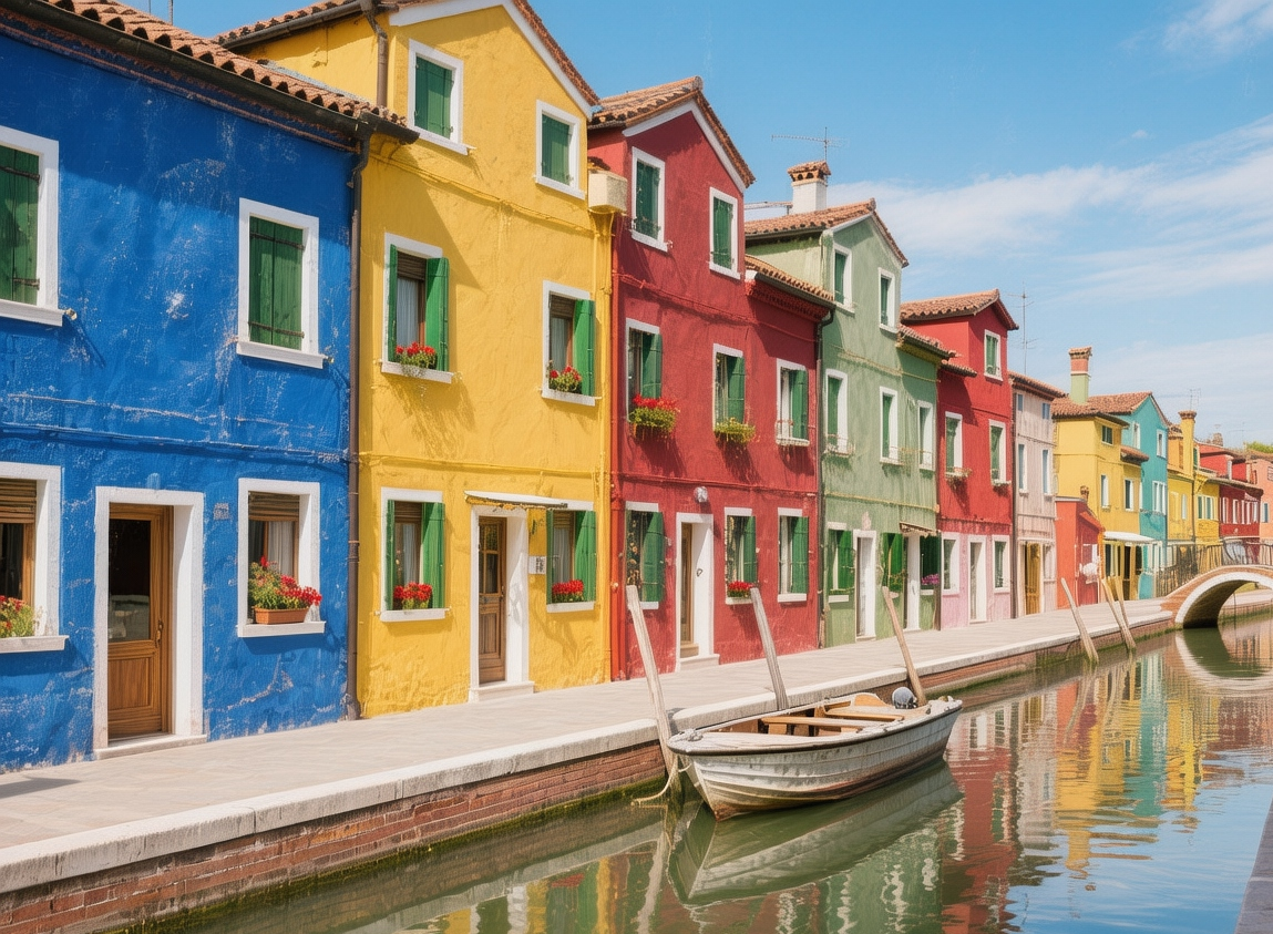 Colorful houses of Burano island in Venice Lagoon at sunrise, with pastel facades reflected in the calm canal waters and laundry hanging from wrought-iron balconies