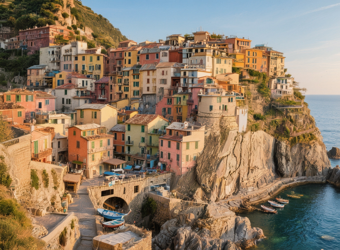 Cinque Terre villages - colorful cliffside towns at sunset, pastel houses cascading down steep slopes to the Ligurian Sea