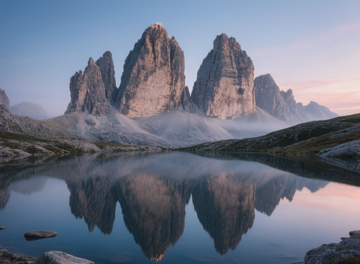 Dolomites mountains - Tre Cime at sunrise, jagged limestone peaks glowing pink above alpine meadows with mist in the valley