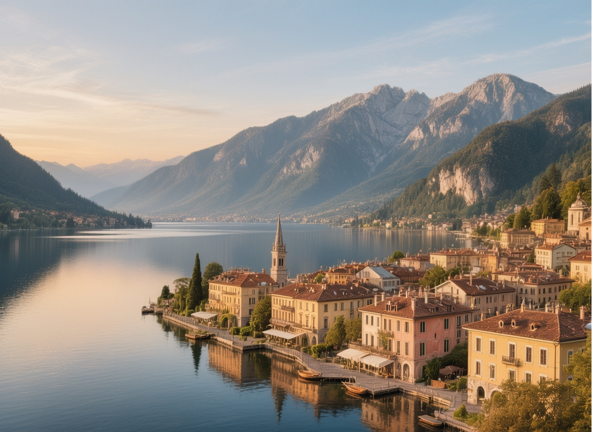 Lake Como - Bellagio and Varenna at sunrise, pastel villas nestled among cypress trees with mist rising off the alpine lake