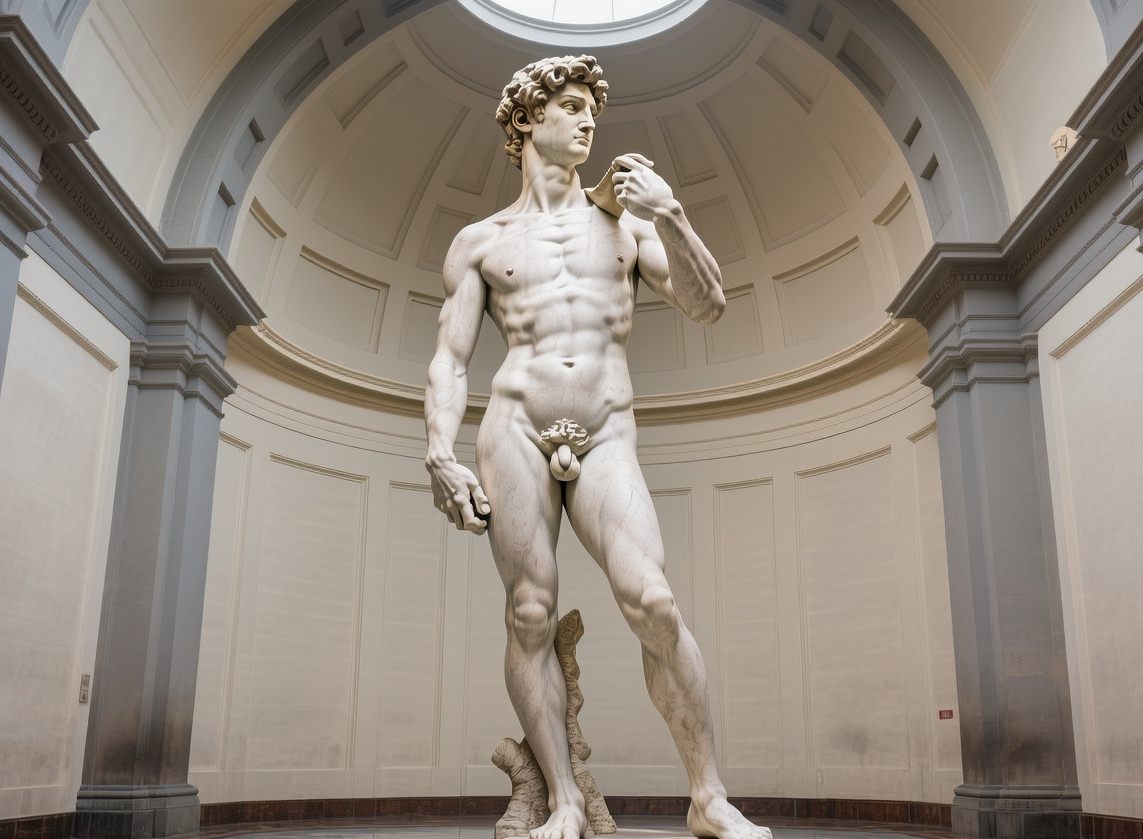 Michelangelo's David statue in Florence at morning light, marble figure standing tall in the Accademia Gallery with soft illumination
