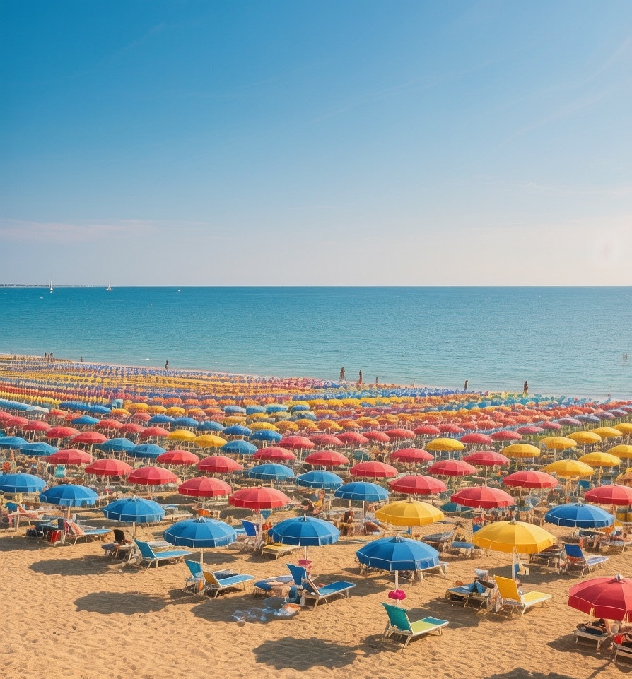 Rimini beaches at golden hour, wide sandy shore with colorful umbrellas and calm Adriatic Sea under soft sunset light