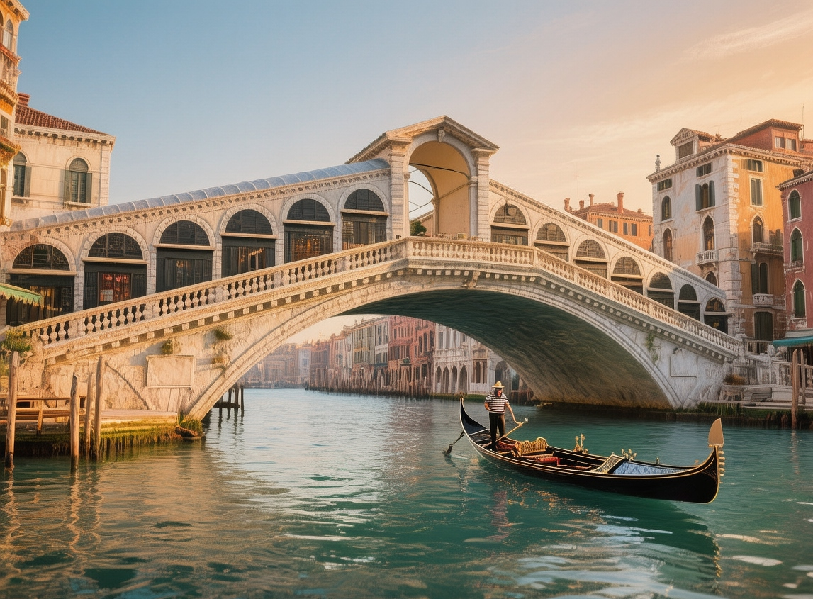 Rialto Bridge in Venice at sunrise, with soft golden light illuminating the stone arch over the Grand Canal and gondolas gliding through the misty water below