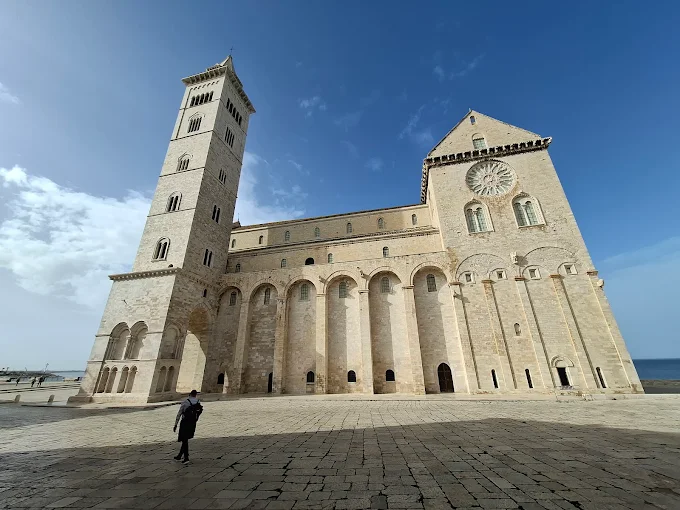 Trani Cathedral's Romanesque facade glowing in the late afternoon sun, with its bell tower rising above the Adriatic Sea and fishing boats in the foreground