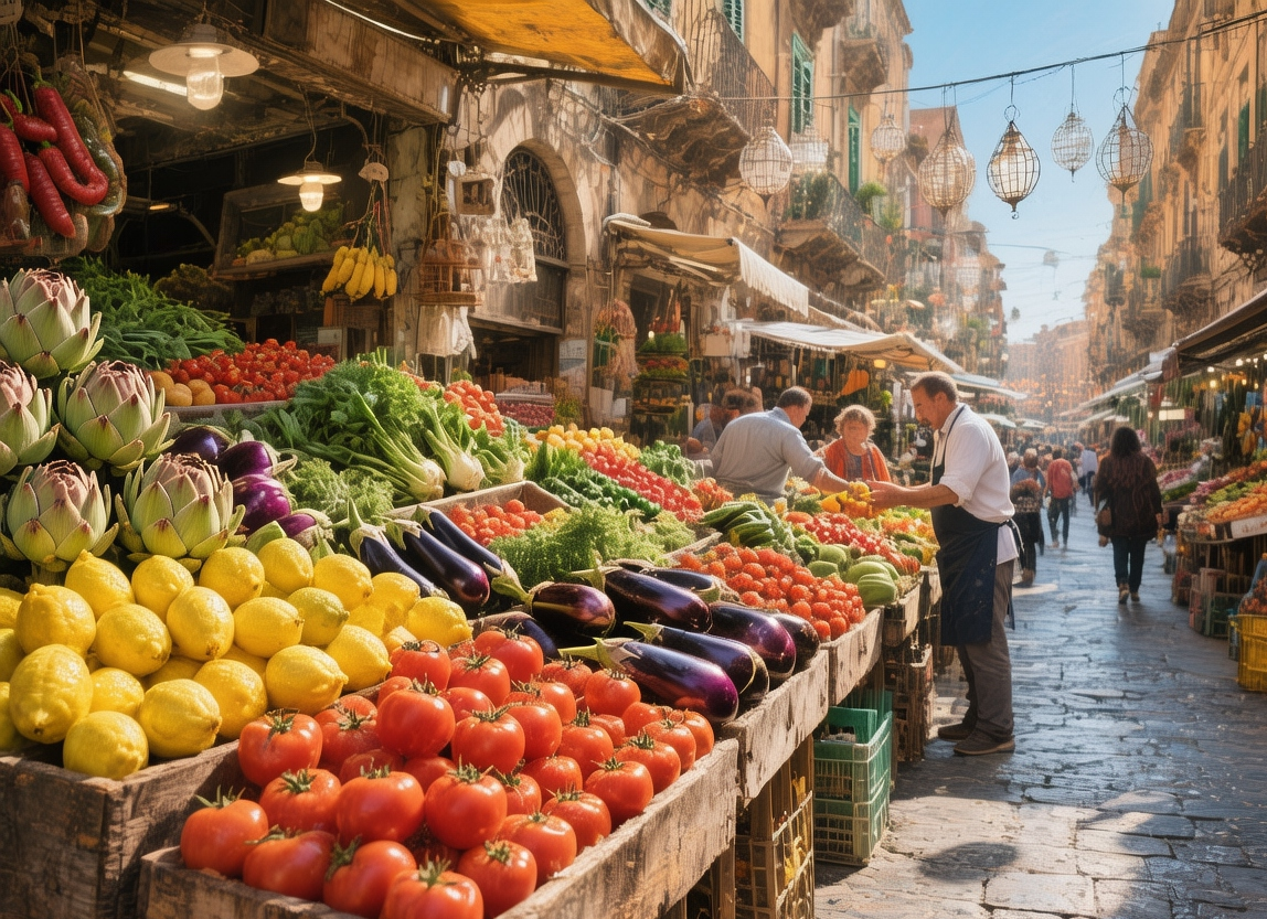 Vibrant Palermo street market with colorful produce stalls, hanging lanterns, and bustling crowds under a clear morning sky